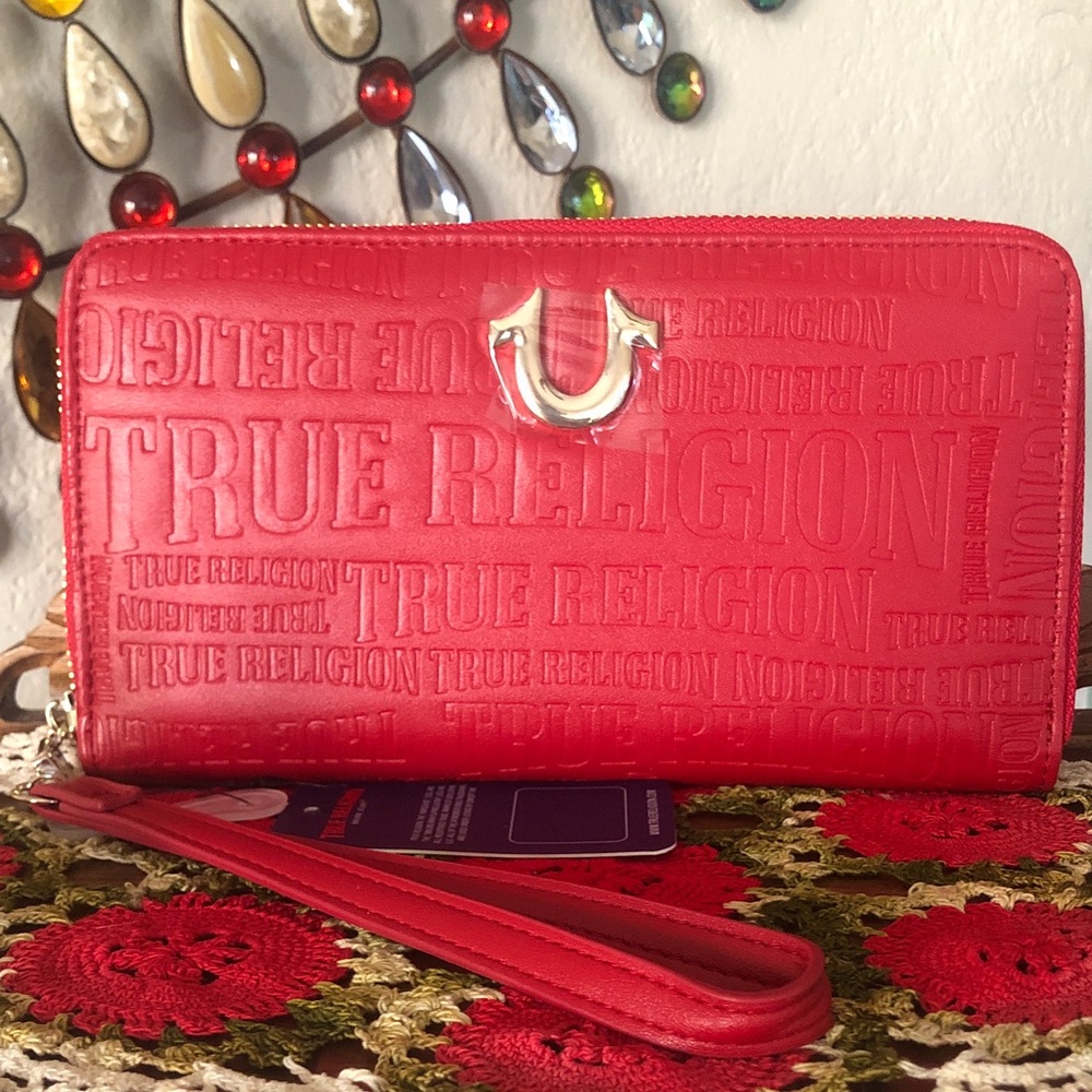 NWT True Religion Red Embossed Zip-Around Wristlet Wallet